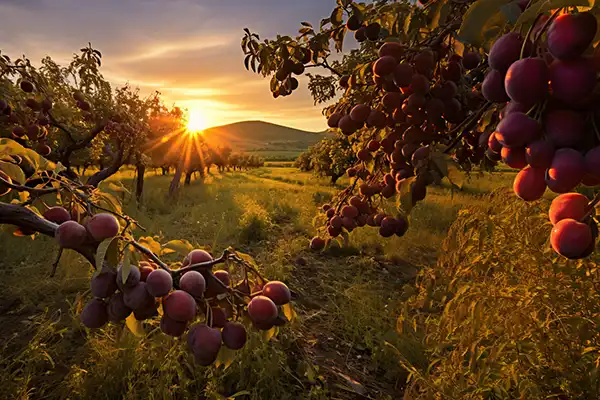 Plum Orchards in Western Serbia, visible plum fruit on the tree branches with a sunset in the background