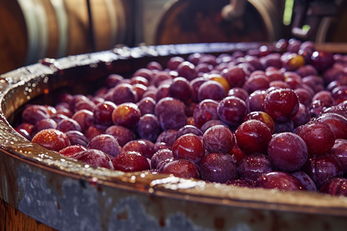 Ripe plum fruit placed in a big barrel waiting for natural process of fermentation to be completed