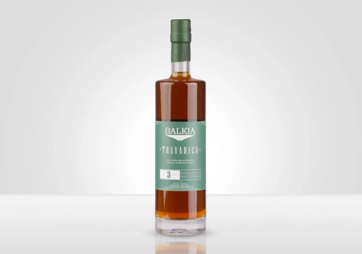 Balkia Travarica – premium Serbian herbal rakija bottle, 70 cl, 40 % Vol., front view on white background